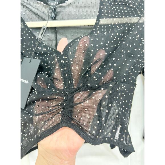 NWT Rosacha Polka Dot Sheer Crop Blouse Top & Tie Waist Flare Pants Set Black S - Picture 5 of 12